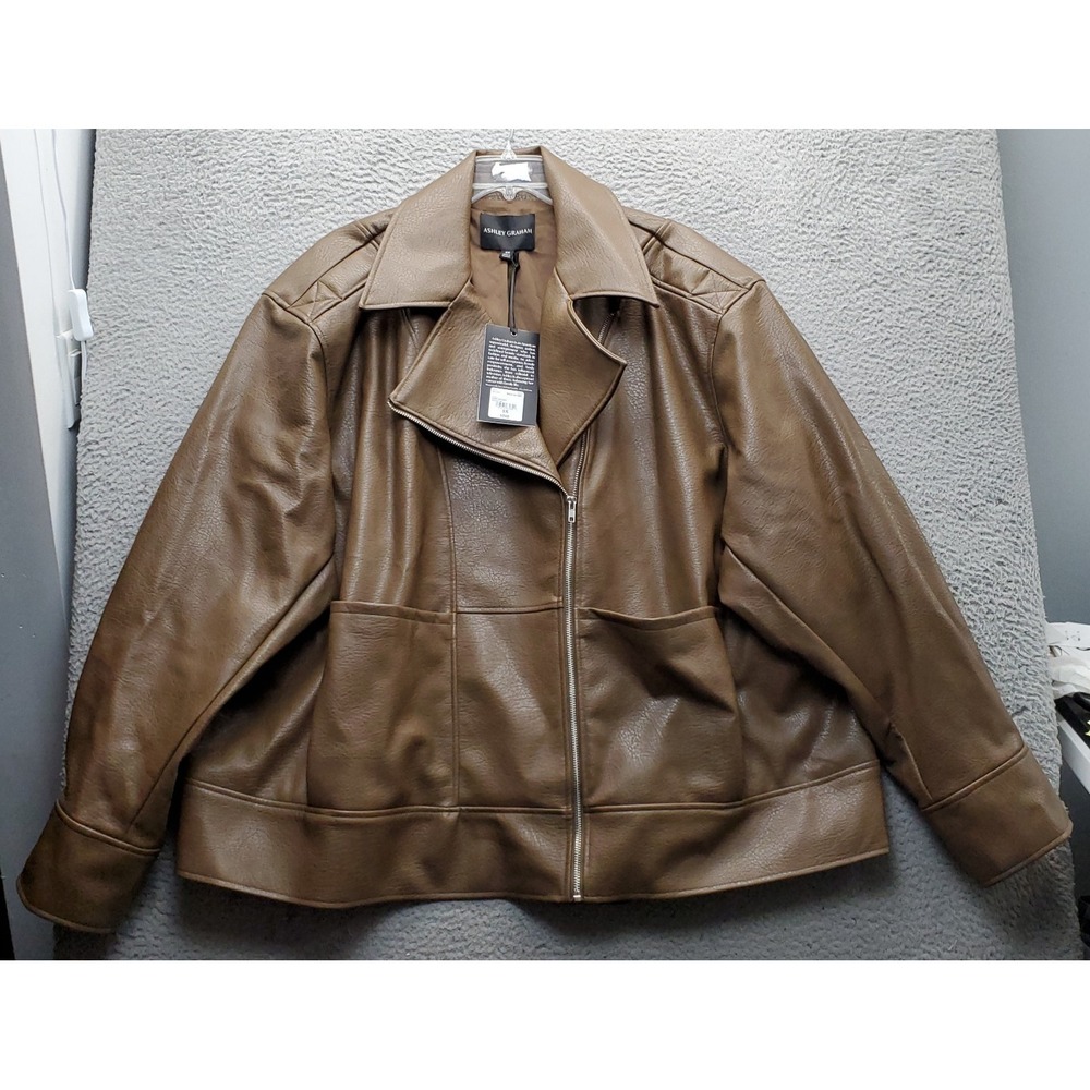 Ashley Graham Faux Leather Motorcycle Jacket Womens 5X Brown Midweight Full Zip
